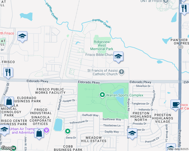 map of restaurants, bars, coffee shops, grocery stores, and more near 11758 Mikaela Drive in Frisco