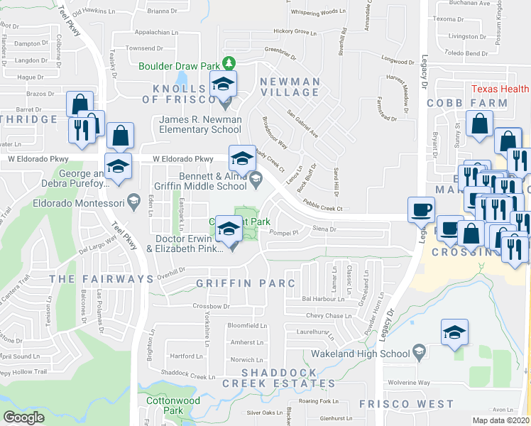 map of restaurants, bars, coffee shops, grocery stores, and more near 11632 Lenox Lane in Frisco