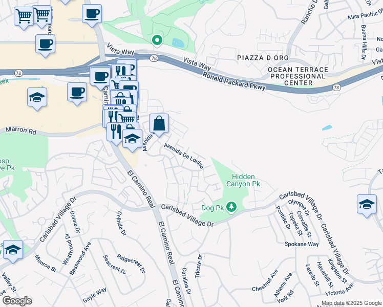 map of restaurants, bars, coffee shops, grocery stores, and more near 2901 Via Libertad in Carlsbad