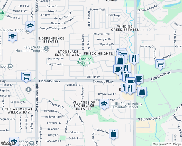 map of restaurants, bars, coffee shops, grocery stores, and more near 15429 Calico Court in Frisco