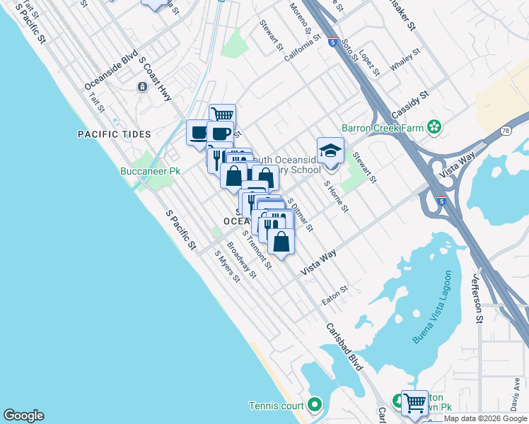 map of restaurants, bars, coffee shops, grocery stores, and more near 515 Cassidy Street in Oceanside