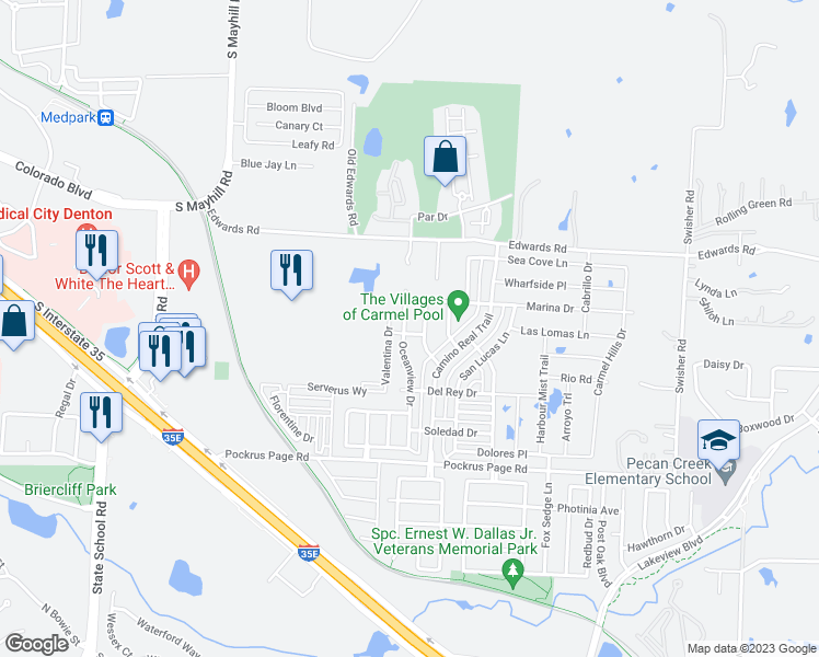map of restaurants, bars, coffee shops, grocery stores, and more near 3425 Oceanview Drive in Denton
