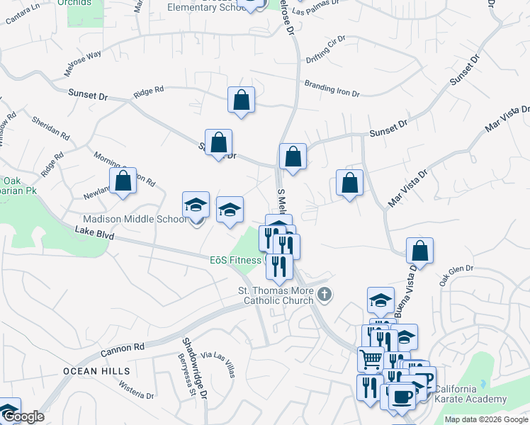 map of restaurants, bars, coffee shops, grocery stores, and more near 1041 Lau Hala Canyon Road in Vista