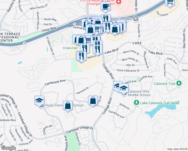 map of restaurants, bars, coffee shops, grocery stores, and more near 3612 Barranca Court in Carlsbad