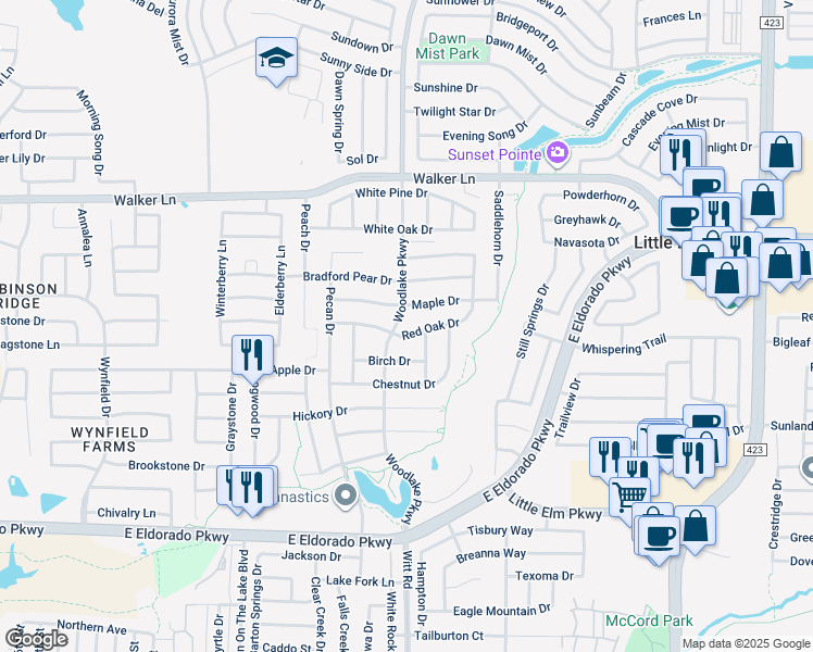 map of restaurants, bars, coffee shops, grocery stores, and more near 2305 Red Oak Drive in Little Elm