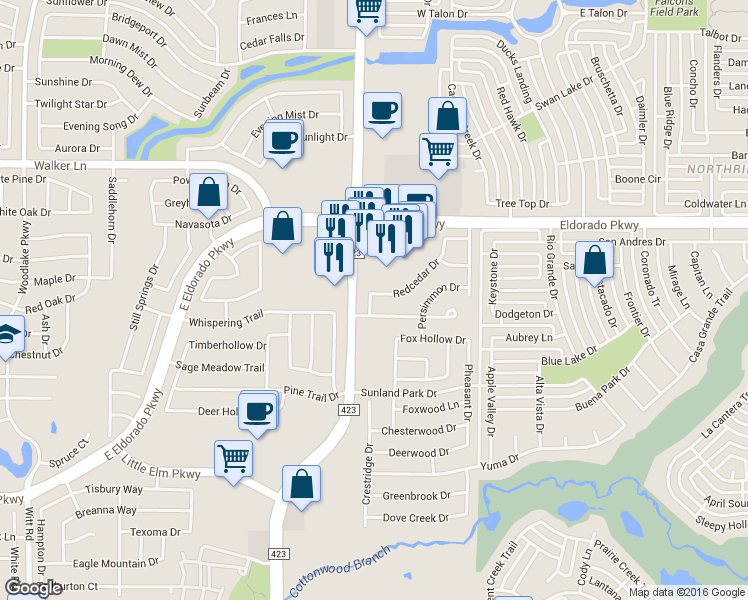 map of restaurants, bars, coffee shops, grocery stores, and more near 2600 Redcedar Drive in Little Elm