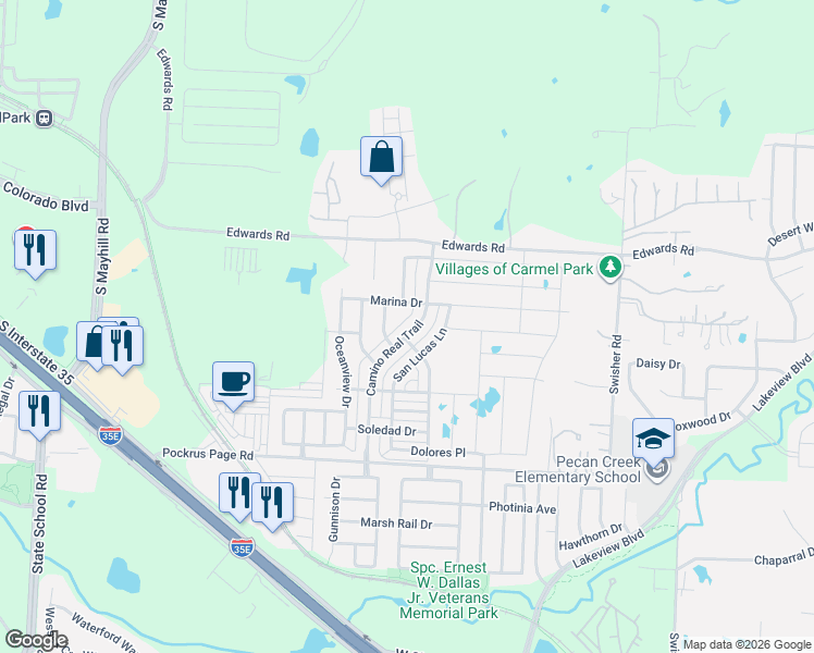map of restaurants, bars, coffee shops, grocery stores, and more near 3317 Camino Real Trail in Denton