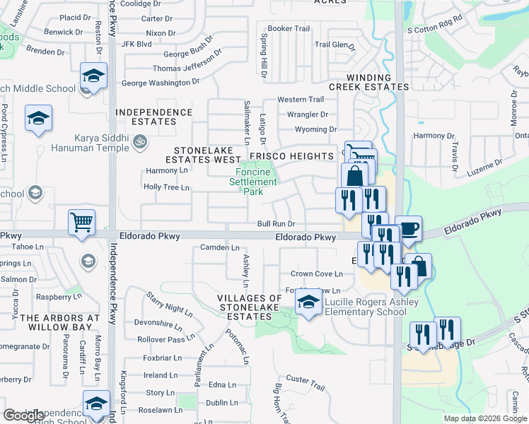 map of restaurants, bars, coffee shops, grocery stores, and more near 15429 Calico Court in Frisco