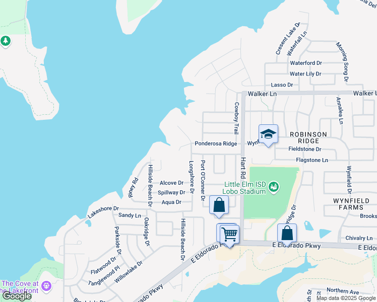 map of restaurants, bars, coffee shops, grocery stores, and more near 444 Longshore Drive in Little Elm