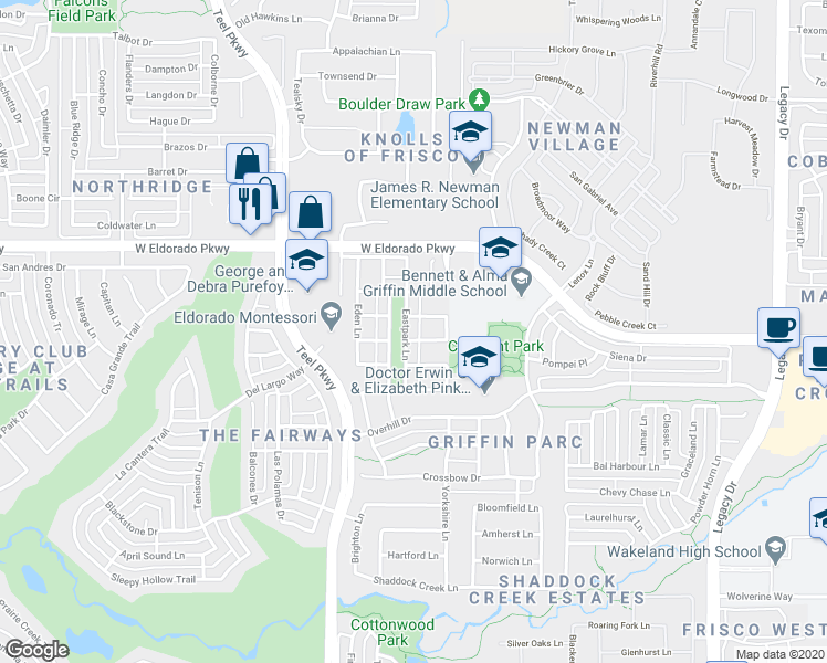 map of restaurants, bars, coffee shops, grocery stores, and more near 11840 Eastpark Lane in Frisco