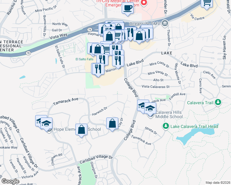 map of restaurants, bars, coffee shops, grocery stores, and more near 3612 Barranca Court in Carlsbad
