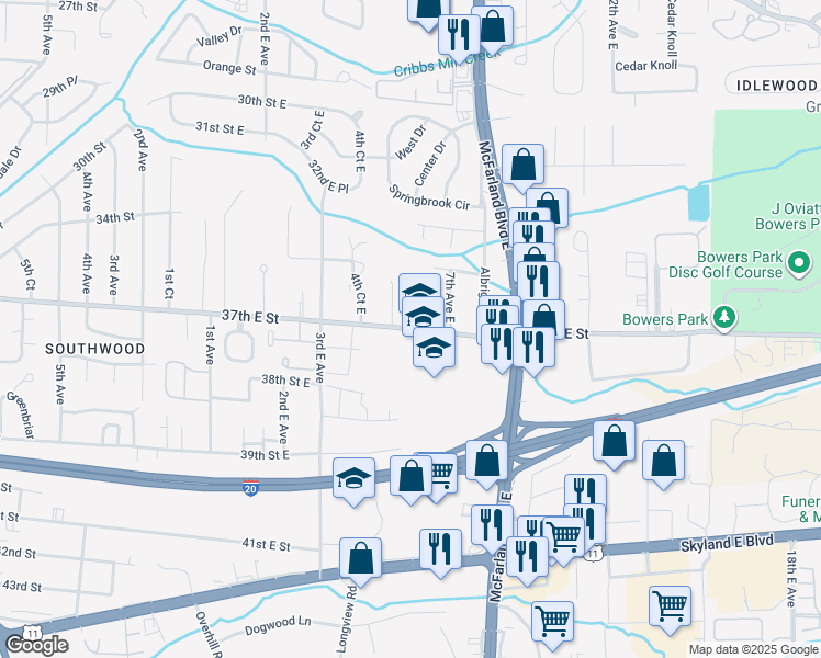 map of restaurants, bars, coffee shops, grocery stores, and more near 601 37th Street East in Tuscaloosa