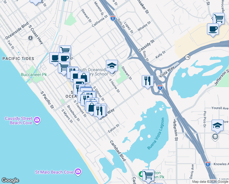 map of restaurants, bars, coffee shops, grocery stores, and more near 1909 South Horne Street in Oceanside