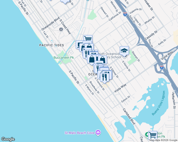 map of restaurants, bars, coffee shops, grocery stores, and more near 1727 South Tremont Street in Oceanside