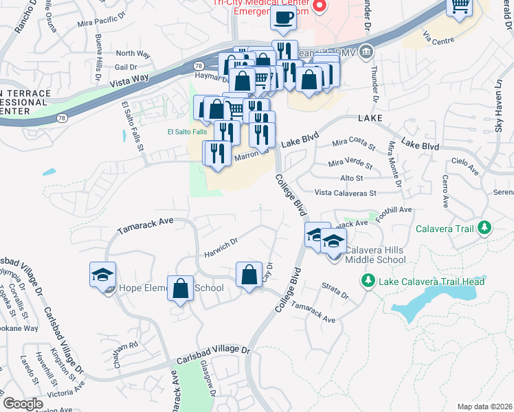 map of restaurants, bars, coffee shops, grocery stores, and more near 3612 Barranca Court in Carlsbad