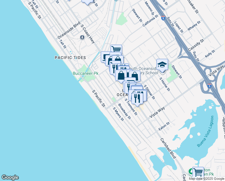 map of restaurants, bars, coffee shops, grocery stores, and more near 1720 Broadway Street in Oceanside