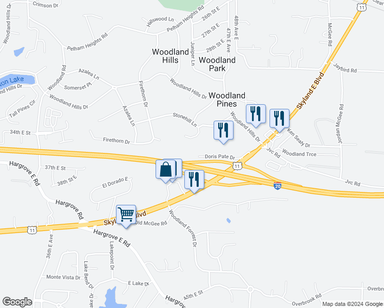 map of restaurants, bars, coffee shops, grocery stores, and more near 4899 Doris Pate Drive in Tuscaloosa
