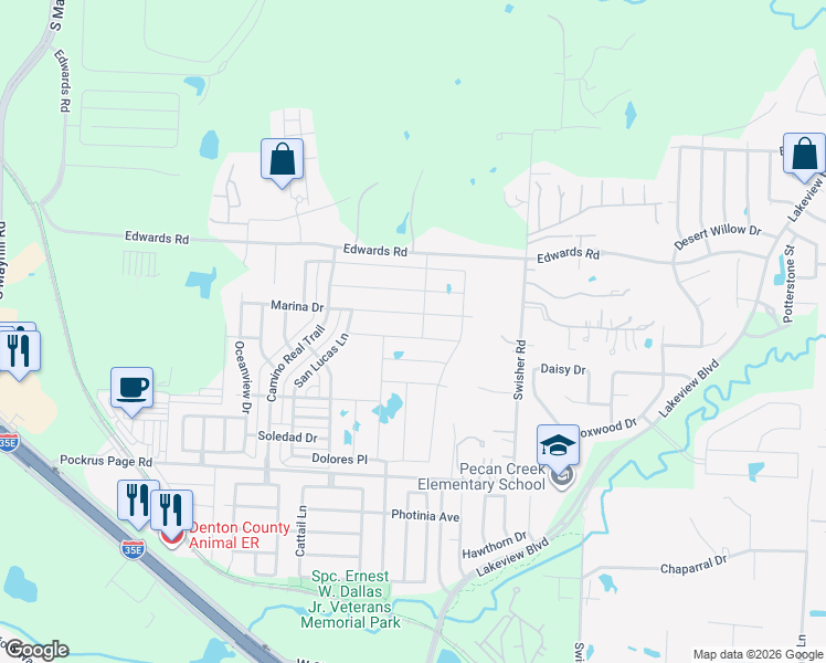 map of restaurants, bars, coffee shops, grocery stores, and more near 5513 Las Lomas Lane in Denton