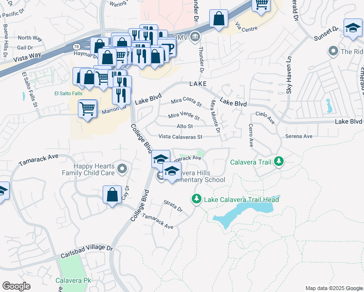map of restaurants, bars, coffee shops, grocery stores, and more near 3880 Stoneridge Road in Carlsbad