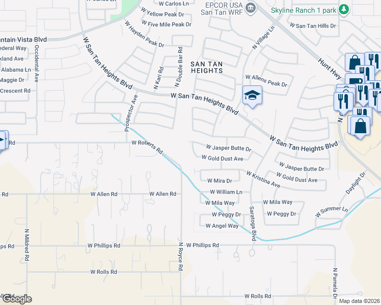 map of restaurants, bars, coffee shops, grocery stores, and more near 32629 North Cherry Creek Road in Queen Creek