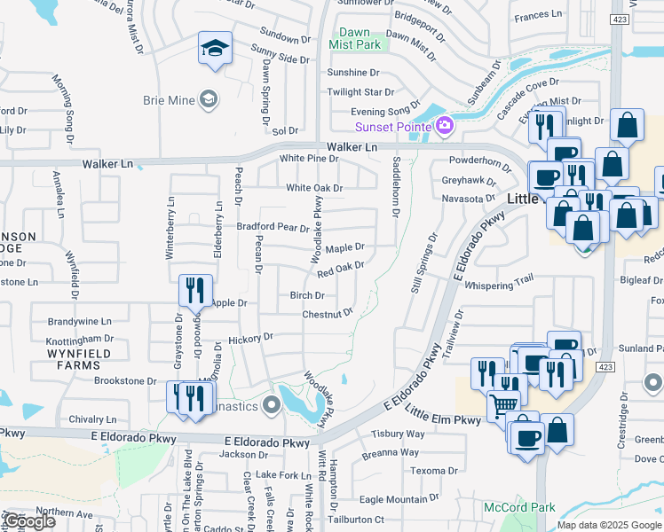 map of restaurants, bars, coffee shops, grocery stores, and more near 2317 Red Oak Drive in Little Elm