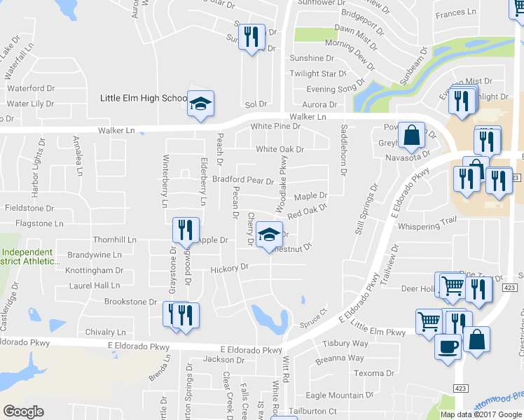 map of restaurants, bars, coffee shops, grocery stores, and more near 2235 Red Oak Drive in Little Elm