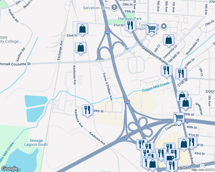 map of restaurants, bars, coffee shops, grocery stores, and more near Trevor S Phillips Avenue in Tuscaloosa