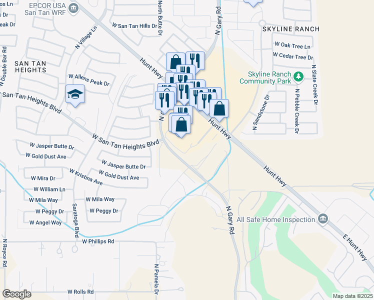map of restaurants, bars, coffee shops, grocery stores, and more near 32361 North Gary Road in San Tan Valley