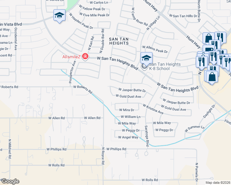 map of restaurants, bars, coffee shops, grocery stores, and more near 32629 North Cherry Creek Road in Queen Creek