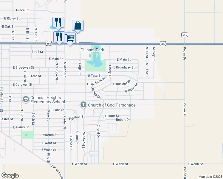 map of restaurants, bars, coffee shops, grocery stores, and more near 1701-1799 Gillham Drive in Brownfield
