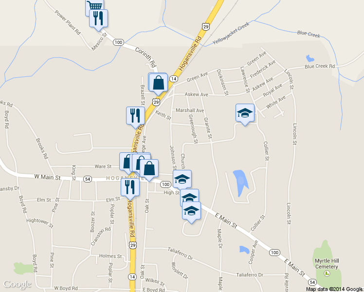 map of restaurants, bars, coffee shops, grocery stores, and more near 206 Church Street in Hogansville
