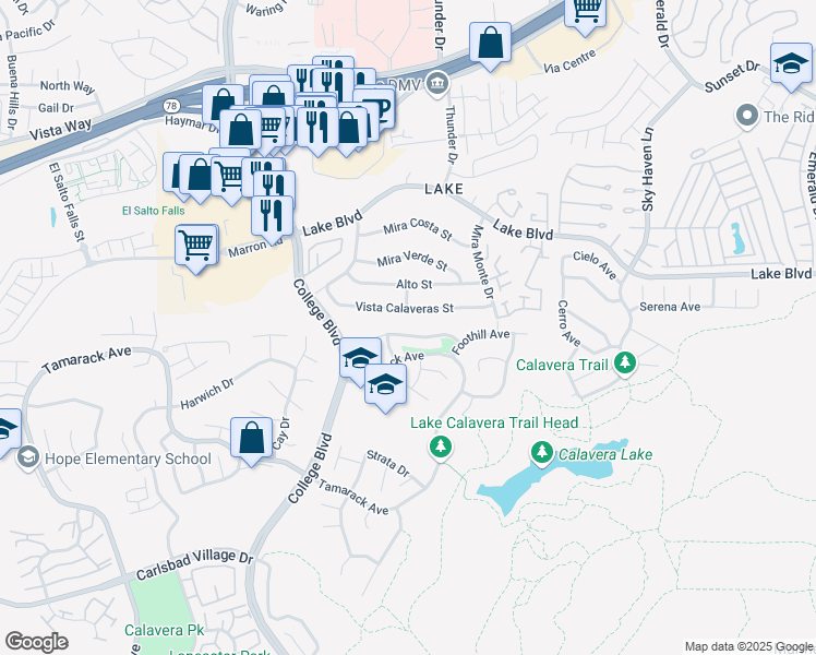 map of restaurants, bars, coffee shops, grocery stores, and more near 3880 Stoneridge Road in Carlsbad