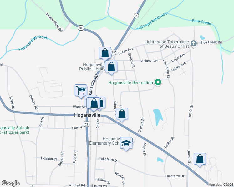 map of restaurants, bars, coffee shops, grocery stores, and more near 206 Church Street in Hogansville