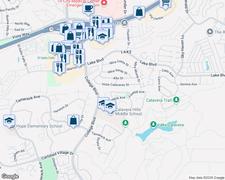 map of restaurants, bars, coffee shops, grocery stores, and more near 3868 Stoneridge Road in Carlsbad