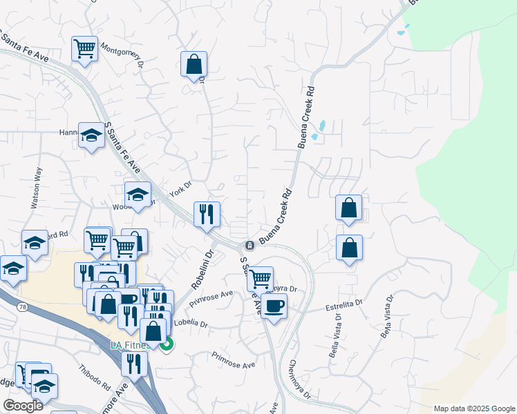 map of restaurants, bars, coffee shops, grocery stores, and more near 1972 Buena Creek Road in Vista
