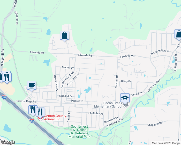 map of restaurants, bars, coffee shops, grocery stores, and more near 5513 Las Lomas Lane in Denton
