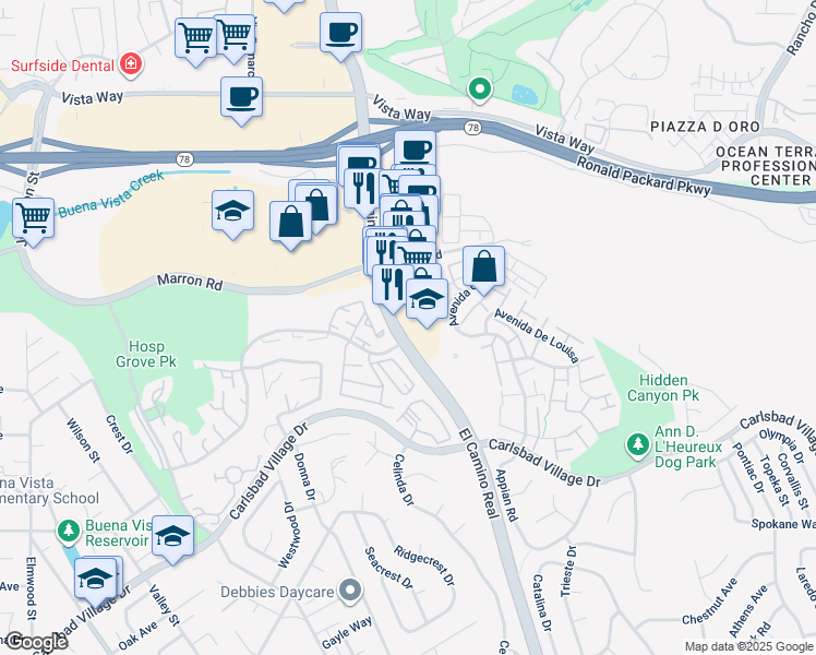 map of restaurants, bars, coffee shops, grocery stores, and more near 2626 El Camino Real in Carlsbad