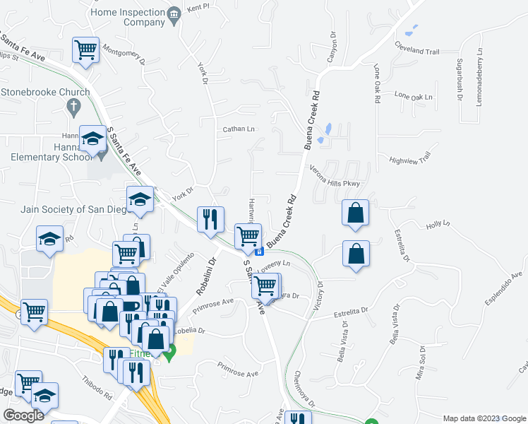 map of restaurants, bars, coffee shops, grocery stores, and more near 1972 Buena Creek Road in Vista