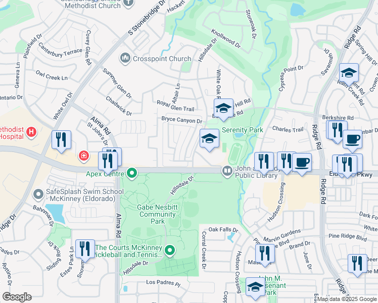 map of restaurants, bars, coffee shops, grocery stores, and more near 2801 Palo Duro Canyon Drive in McKinney