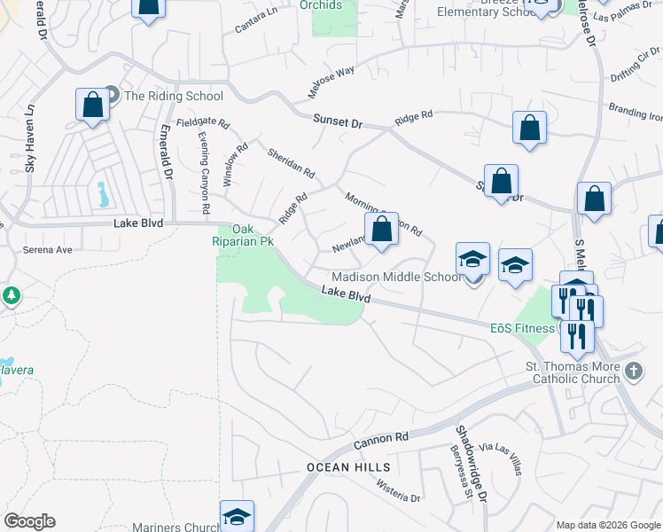 map of restaurants, bars, coffee shops, grocery stores, and more near 3563 Normount Road in Oceanside