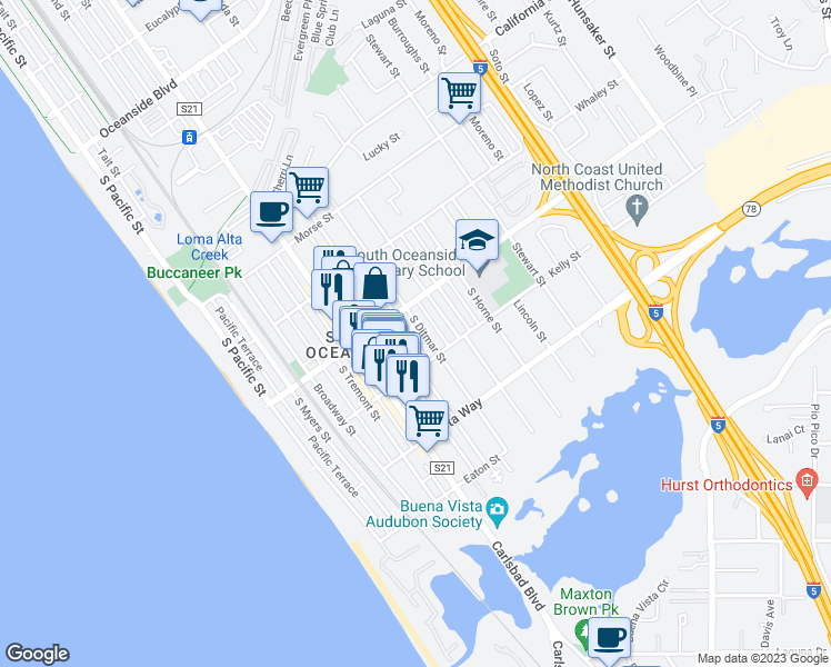 map of restaurants, bars, coffee shops, grocery stores, and more near 1819 S Ditmar St in Oceanside