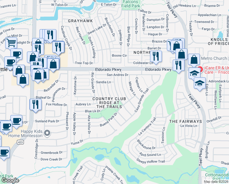 map of restaurants, bars, coffee shops, grocery stores, and more near 11725 Frontier Dr in Frisco