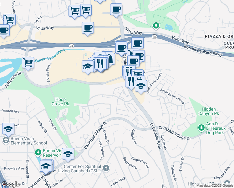 map of restaurants, bars, coffee shops, grocery stores, and more near 2312 Hosp Way in Carlsbad