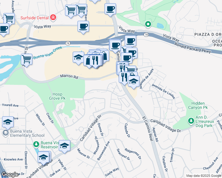 map of restaurants, bars, coffee shops, grocery stores, and more near 2310 Hosp Way in Carlsbad