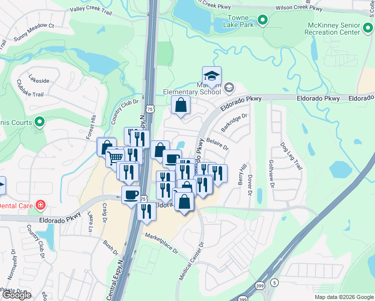 map of restaurants, bars, coffee shops, grocery stores, and more near 1491 Eldorado Parkway in McKinney