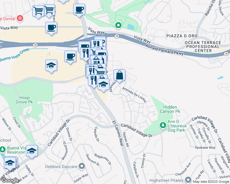 map of restaurants, bars, coffee shops, grocery stores, and more near 2505 Via Astuto in Carlsbad