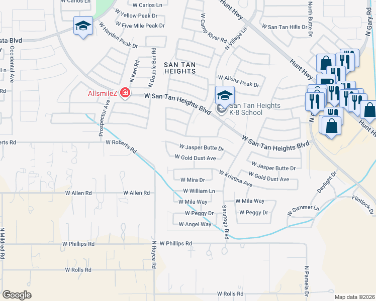 map of restaurants, bars, coffee shops, grocery stores, and more near 2865 West Jasper Butte Drive in Queen Creek