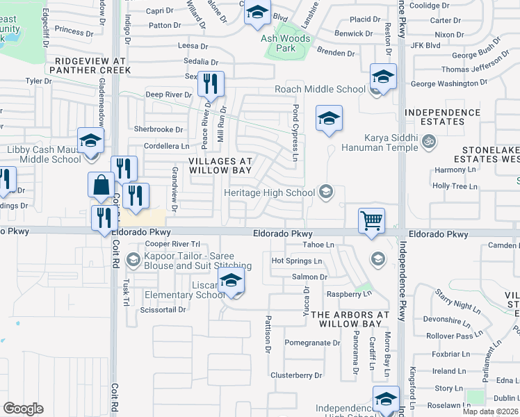 map of restaurants, bars, coffee shops, grocery stores, and more near 13472 Deercreek Trail in Frisco