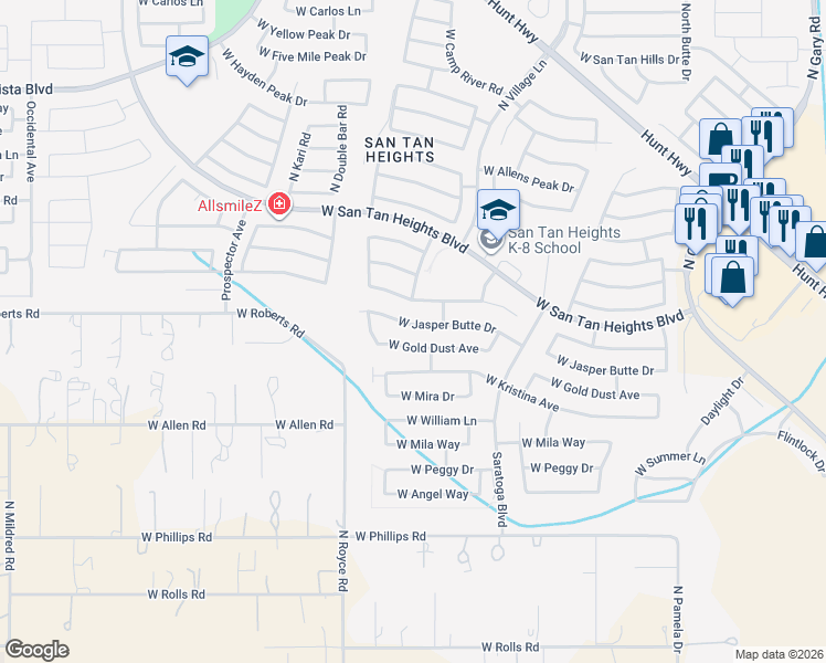 map of restaurants, bars, coffee shops, grocery stores, and more near 2865 West Jasper Butte Drive in Queen Creek