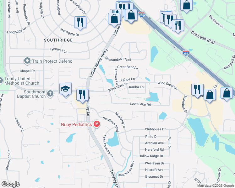 map of restaurants, bars, coffee shops, grocery stores, and more near 2304 Caddo Circle in Denton